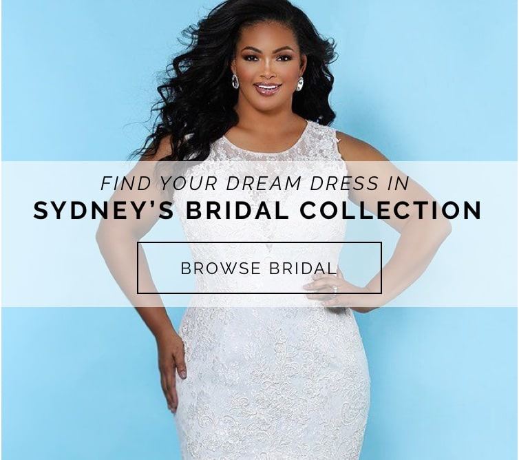 Model wearing a Syndey's Bridal wedding dress shown on banner for H and G Formal shown on mobile device